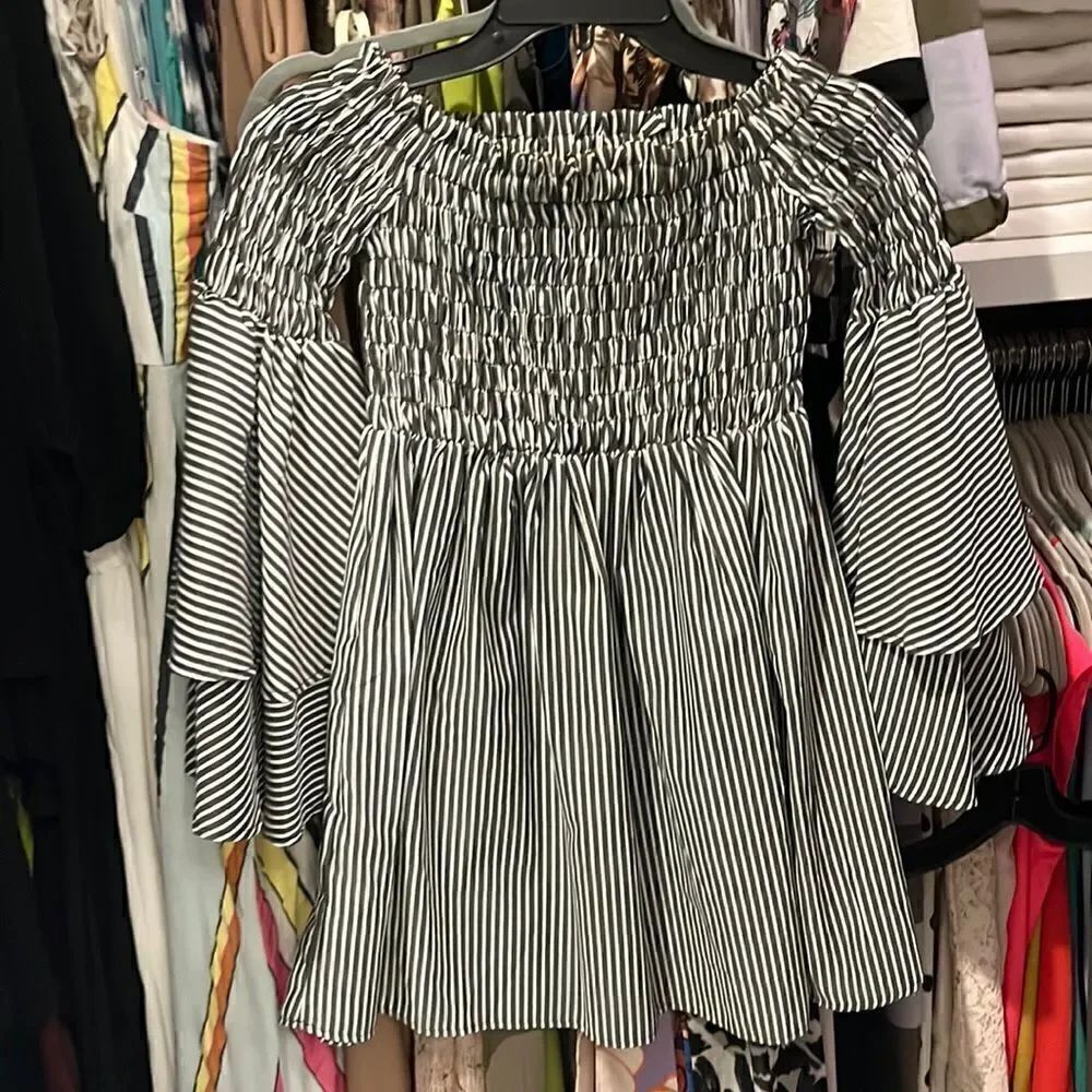 L’Atiste black and white striped mini dress, sz S, off the shoulder